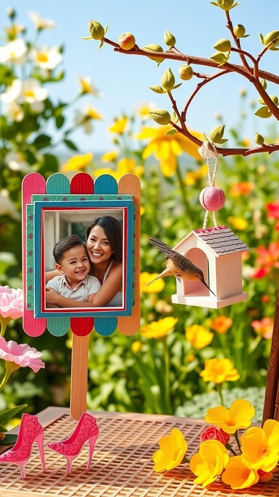Colorful ice cream stick crafts: a photo frame with a family picture and a mini bird feeder in a garden.
